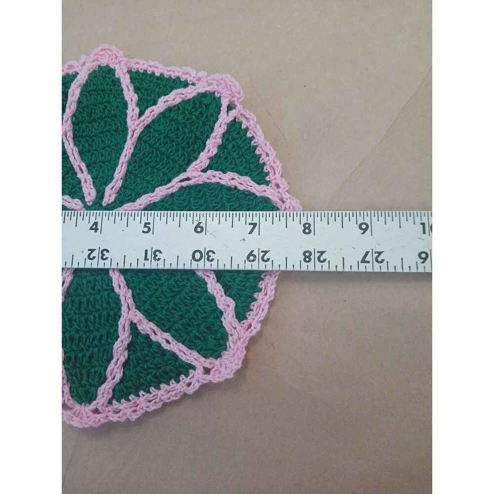 Round Crocheted Trivet Green & Pink Cottagecore Granniecore